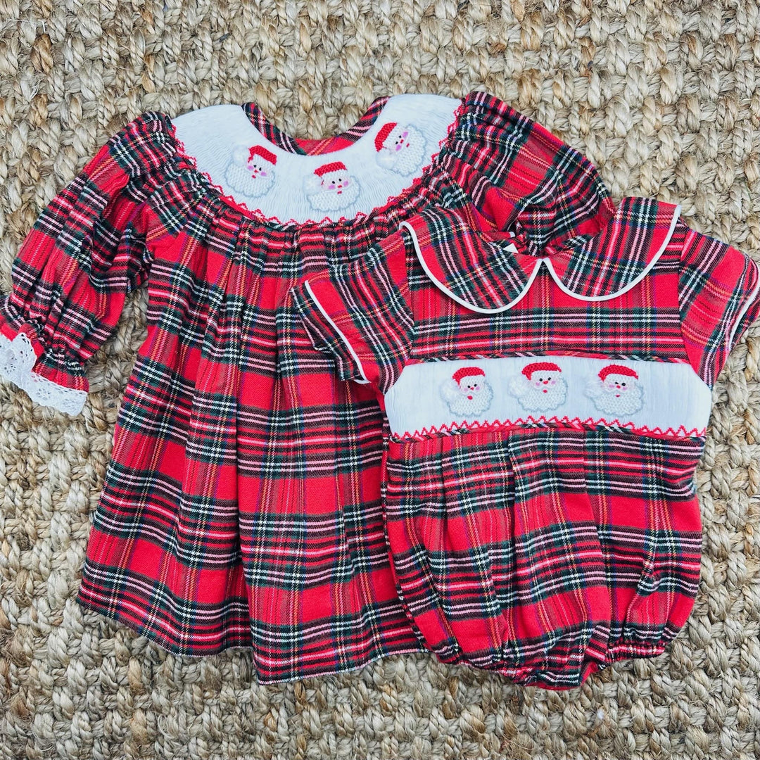 Santa Smocked Christmas Dress in Plaid - Long Sleeve Pleats and Stitches Santa Smocked Christmas Dress in Plaid - Long Sleeve Pleats and Stitches