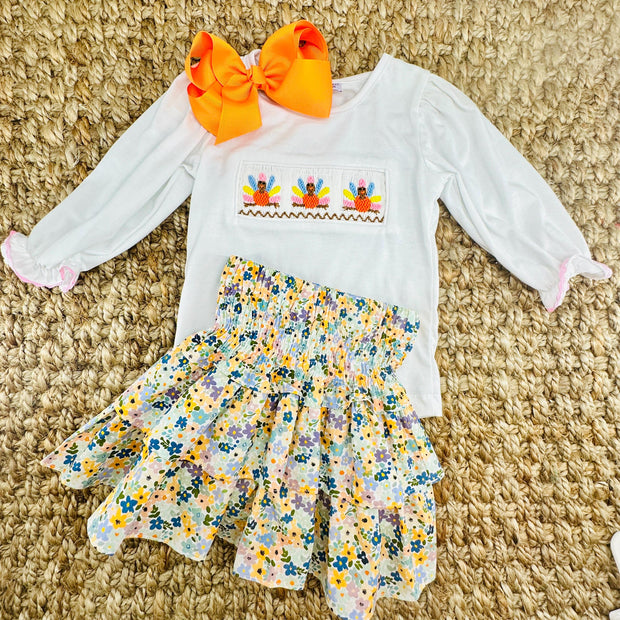 Autumn Floral Ruffle Skirt- Smocked Waist and Built in Shorts- Fall, Halloween, Thanksgiving, Spring, embroidered, Tween, sibling 737 *E