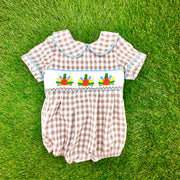 Turkey Smocked Boy's Bubble in Tan Gingham