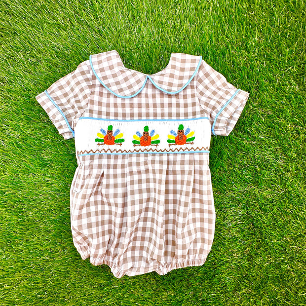 Turkey Smocked Boy's Bubble in Tan Gingham