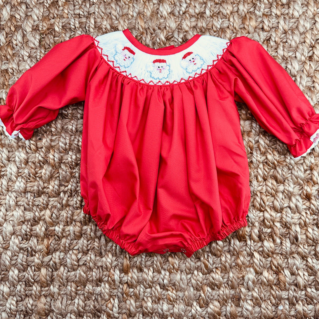 smocked christmas dress Santa Smocked Christmas Bubble Romper in Red 2T