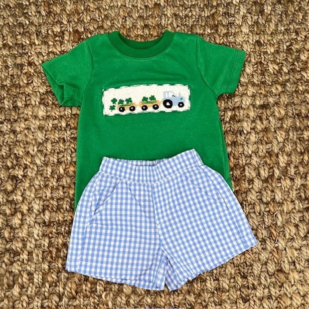 St. Patrick's Smocked Shirt with Tractor and Shamrocks in Soft Knit