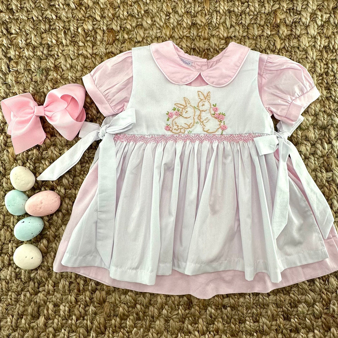 Bunny Dress- Smocked & Embroidered Apron- 2 Piece Dress! Pleats and Stitches Bunny Dress- Smocked & Embroidered Apron- 2 Piece Dress! Pleats and Stitches