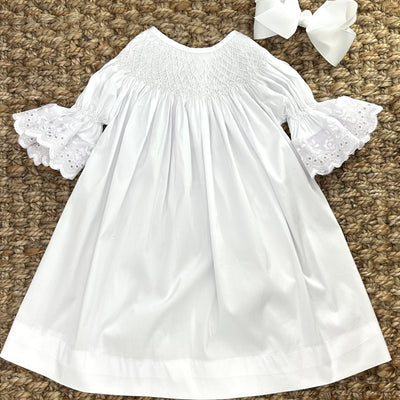 Heirloom Smocked Dress - White with White Lace