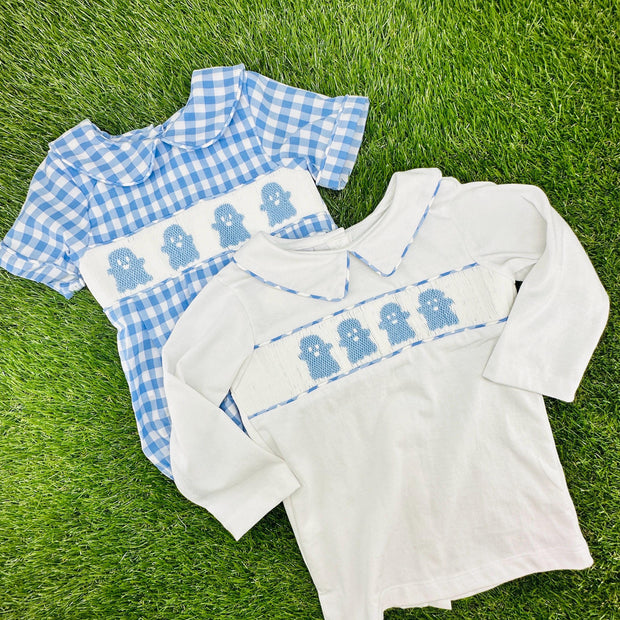Smocked Halloween Ghost Shirt in White Knit (shirt only)