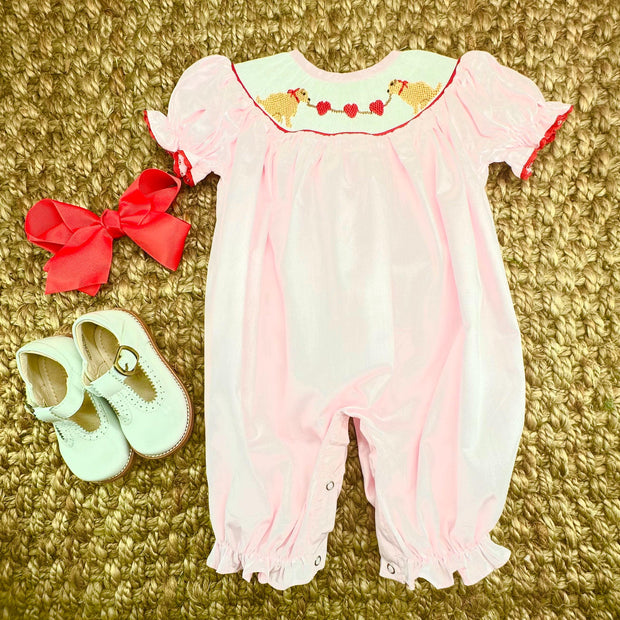 Valentine Smocked Long Bubble with Hearts and Puppies - Bubble Romper, Baby Girl, Puppy, Matching Sibling, Valentine Gift, Baby Gift 689