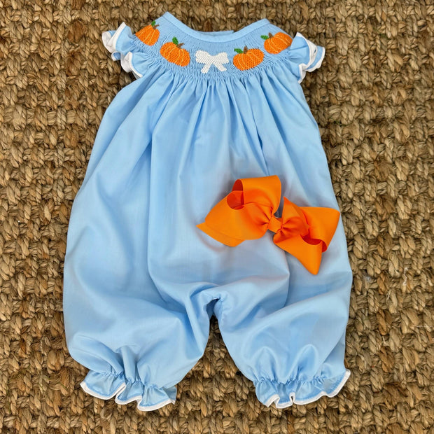 Smocked Pumpkin Bubble with Bow and Ruffle Sleeves