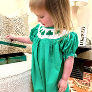 Smocked Shamrock Long Bubble in Emerald Green with White Polka Dots - St. Patrick's Day, Saint Patrick, Clover, Baby Girl, Baby Gift, 693