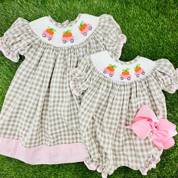 Smocked Pumpkin Bubble in Tan Gingham
