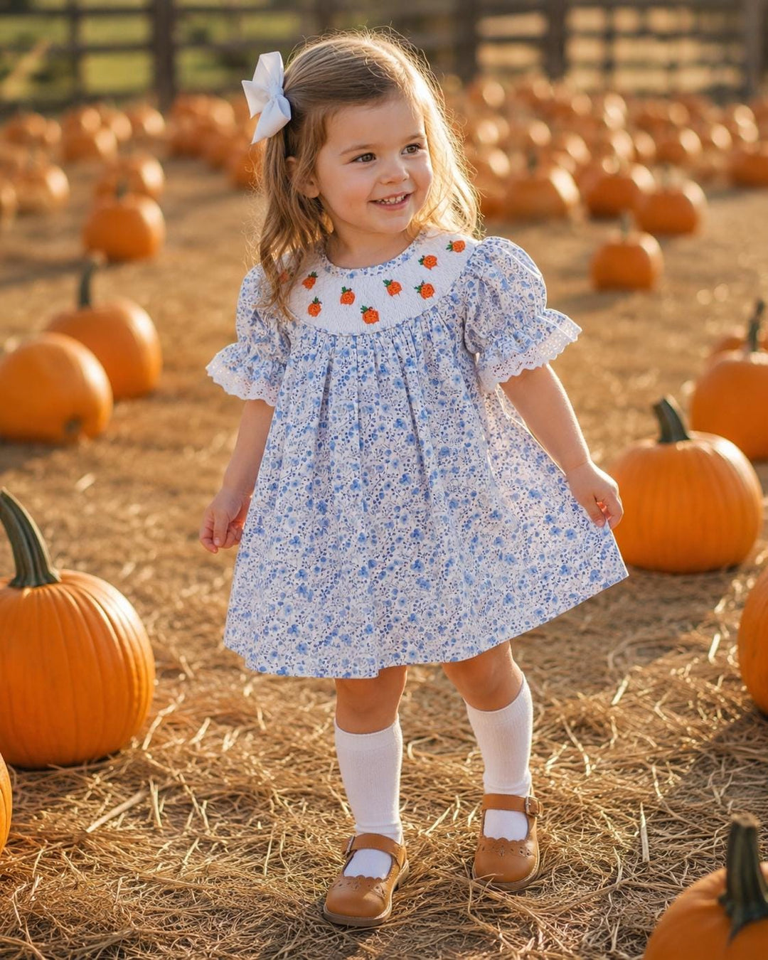 Smocked Pumpkin Dress in Blue Floral