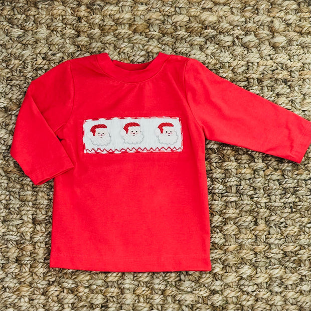 Smocked Christmas Santa Shirt in Red Knit