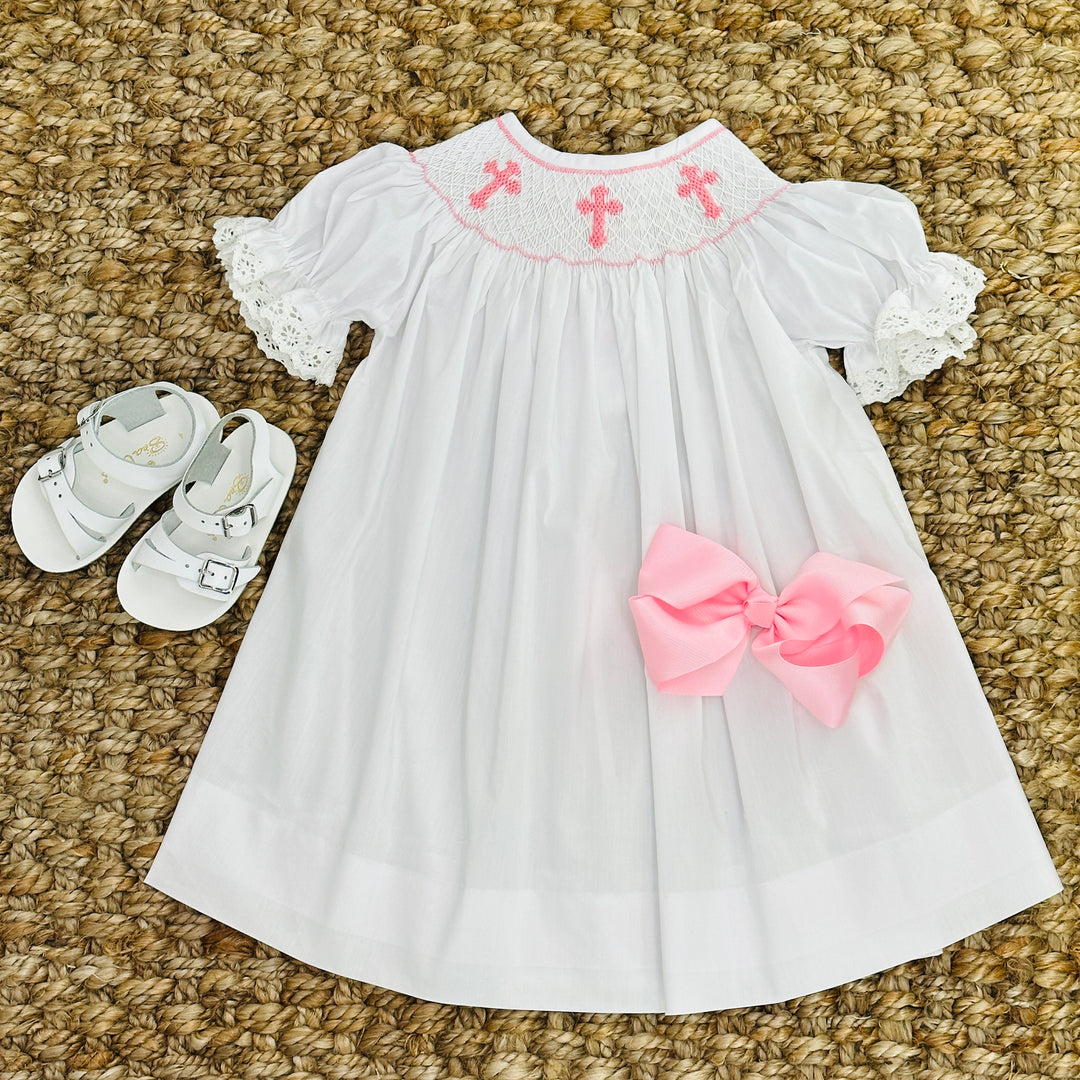 Smocked Cross Bishop Dress - White with Pink Crosses Pleats and Stitches Smocked Cross Bishop Dress - White with Pink Crosses Pleats and Stitches