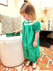 Smocked Shamrock Long Bubble in Emerald Green with White Polka Dots - St. Patrick's Day, Saint Patrick, Clover, Baby Girl, Baby Gift, 693