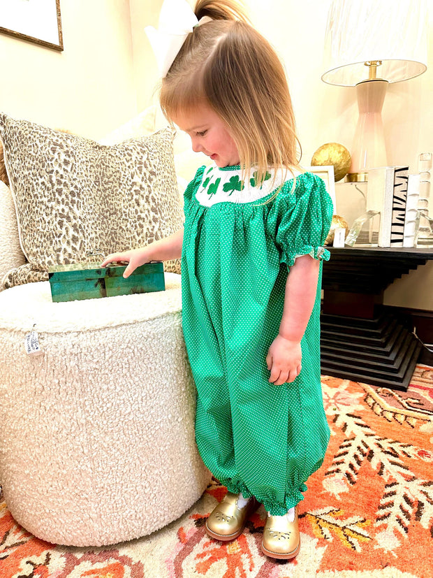 Smocked Shamrock Long Bubble in Emerald Green with White Polka Dots - St. Patrick's Day, Saint Patrick, Clover, Baby Girl, Baby Gift, 693