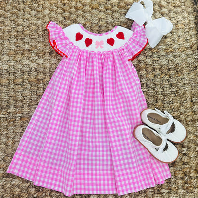 Valentine Smocked Dress - Red hearts and Pink Bow on Pink Gingham!