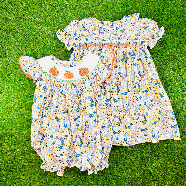 Autumn Floral Smocked Pumpkin Bubble