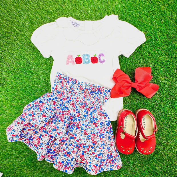 ABC Smocked School Shirt in cotton knit with white collar - (shorts sold separately) Girls, Frist Day of School, Soft cotton 516 *G