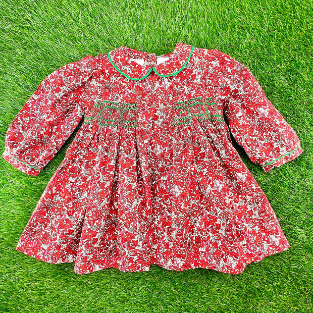 Red Floral Charlotte Smocked Dress - Christmas, Valentine, Fall, Liberty London, Vintage Style, Baby Girl, Heirloom, 768 *G