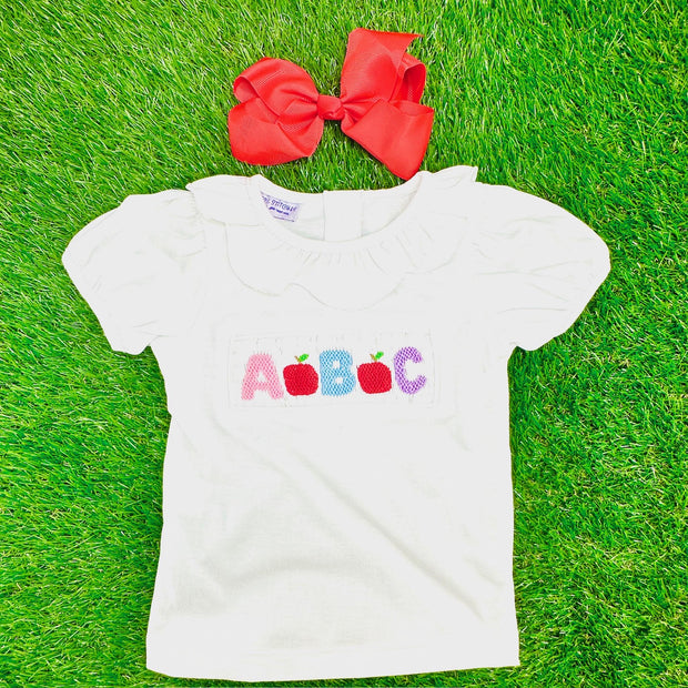 ABC Smocked School Shirt in cotton knit with white collar - (shorts sold separately) Girls, Frist Day of School, Soft cotton 516 *G