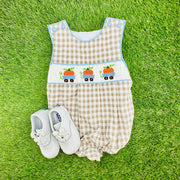 Pumpkin Smocked Boy's Bubble in Tan Gingham