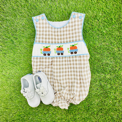 Pumpkin Smocked Boy's Bubble in Tan Gingham