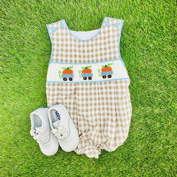 Pumpkin Smocked Boy's Bubble in Tan Gingham