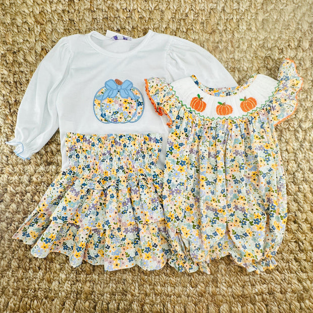 Autumn Floral Ruffle Skirt- Smocked Waist and Built in Shorts- Fall, Halloween, Thanksgiving, Spring, embroidered, Tween, sibling 737 *E