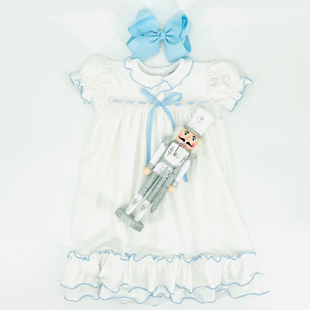 Clara Nutcracker Dress in Soft Knit Cotton with Blue Ribbon 6 Clara Nutcracker Dress in Soft Knit Cotton with Blue Ribbon 6