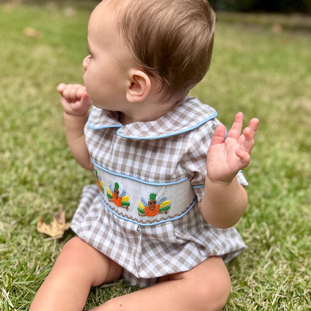 Turkey Smocked Boy's Bubble in Tan Gingham