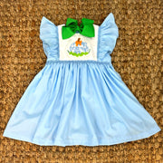 Pumpkin Smocked Avignon Dress - Embroidered Pumpkins on Blue Dress