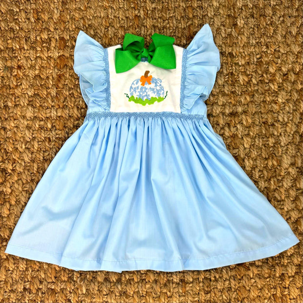 Pumpkin Smocked Avignon Dress - Embroidered Pumpkins on Blue Dress