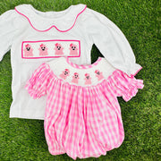 Smocked Halloween Ghost Bubble in Pink Gingham, Romper style, Pumpkin, trick or treat, Fall, Sibling Matching 755 *B
