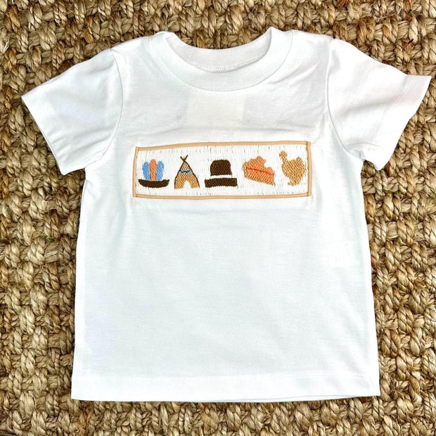 Smocked Thanksgiving Shirt in White Knit- (pants sold separately)