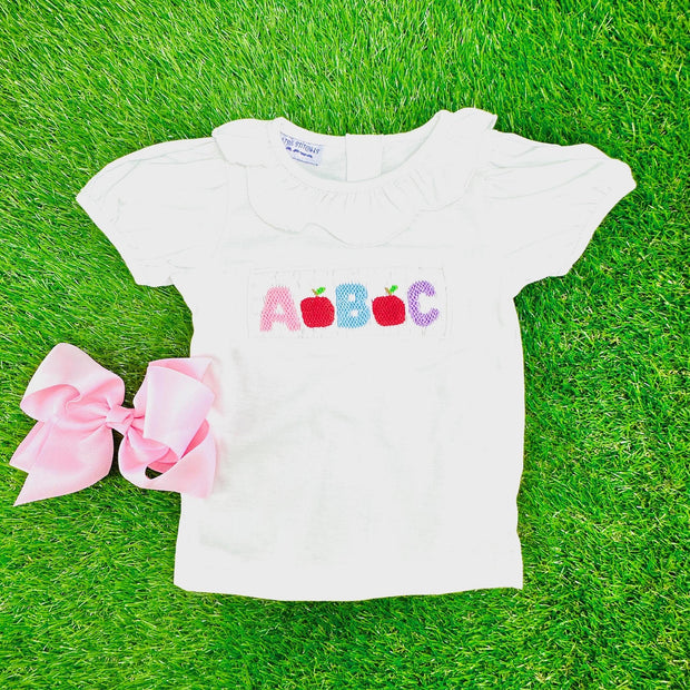 ABC Smocked School Shirt in cotton knit with white collar - (shorts sold separately) Girls, Frist Day of School, Soft cotton 516 *G