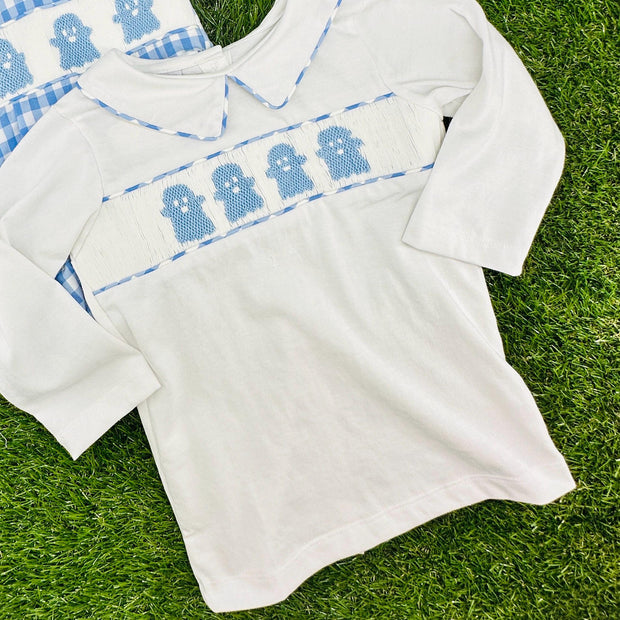 Smocked Halloween Ghost Shirt in White Knit (shirt only)