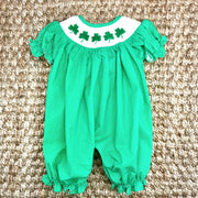 Smocked Shamrock Long Bubble in Emerald Green with White Polka Dots - St. Patrick's Day, Saint Patrick, Clover, Baby Girl, Baby Gift, 693