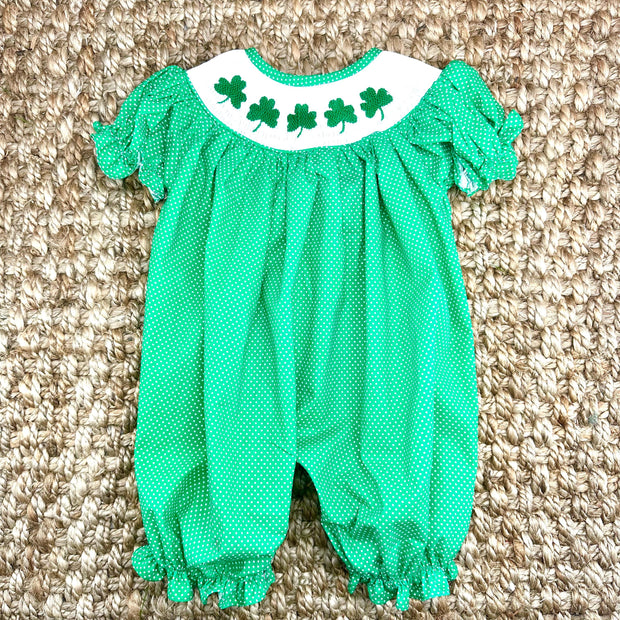 Smocked Shamrock Long Bubble in Emerald Green with White Polka Dots - St. Patrick's Day, Saint Patrick, Clover, Baby Girl, Baby Gift, 693