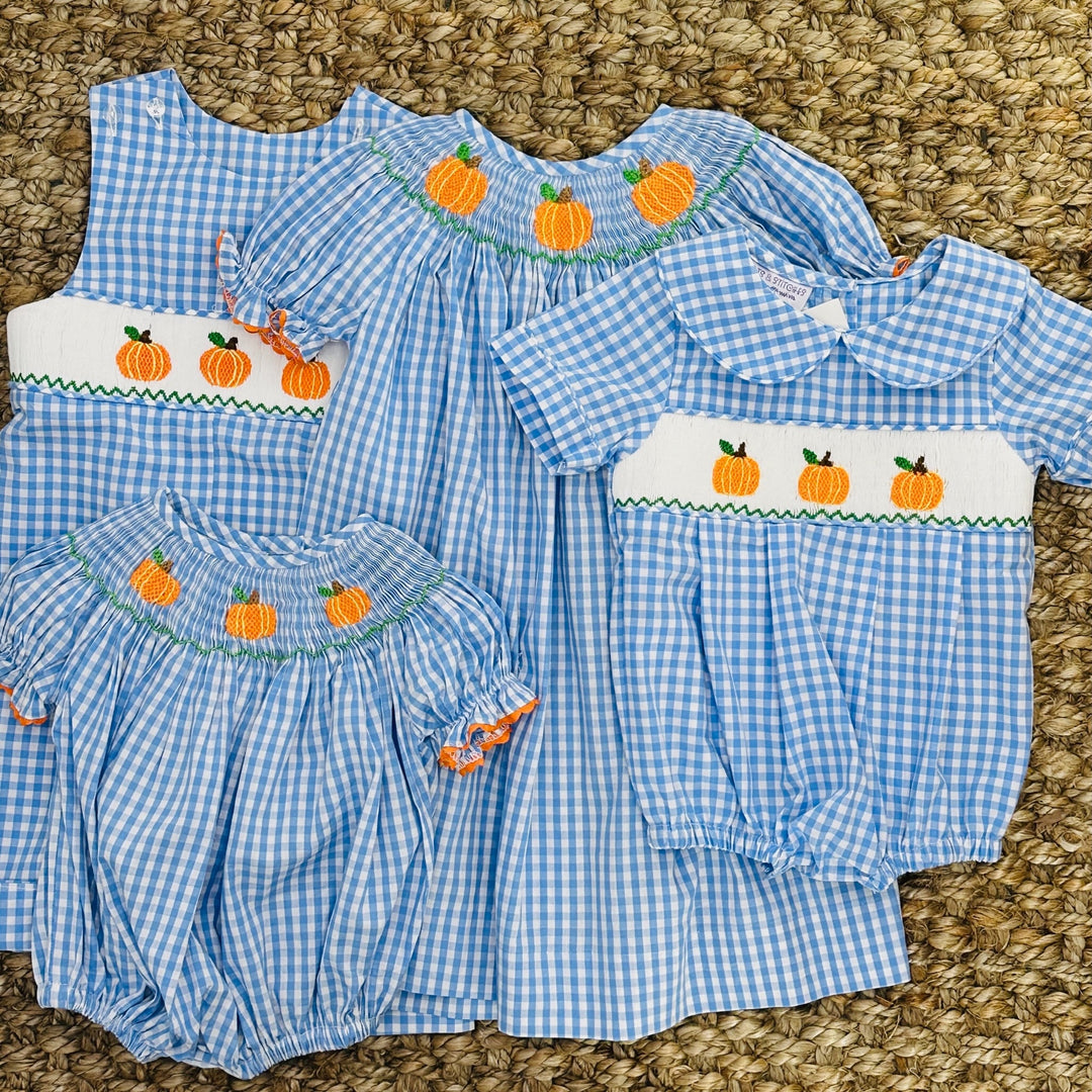 Smocked Pumpkin Romper in Gingham – Pleats and Stitches