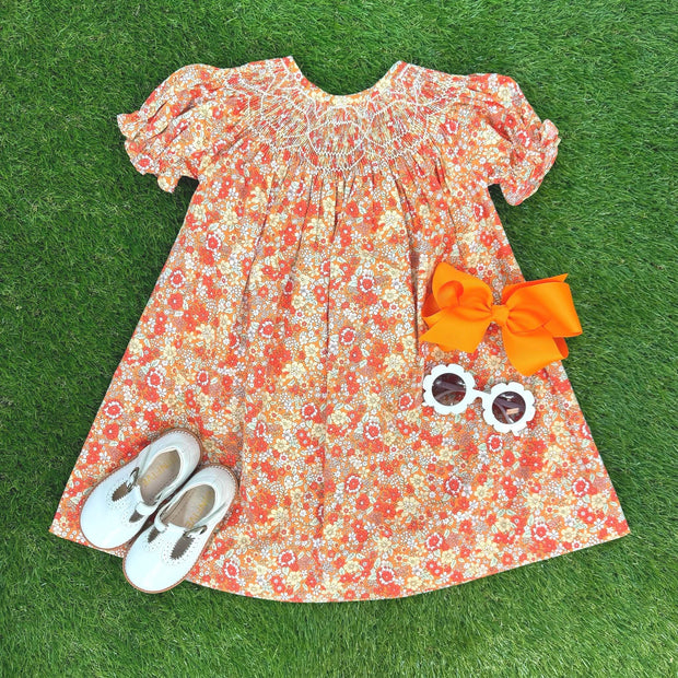 Smocked Floral Bishop Dress- Marigold Print