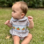 Turkey Smocked Boy's Bubble in Tan Gingham