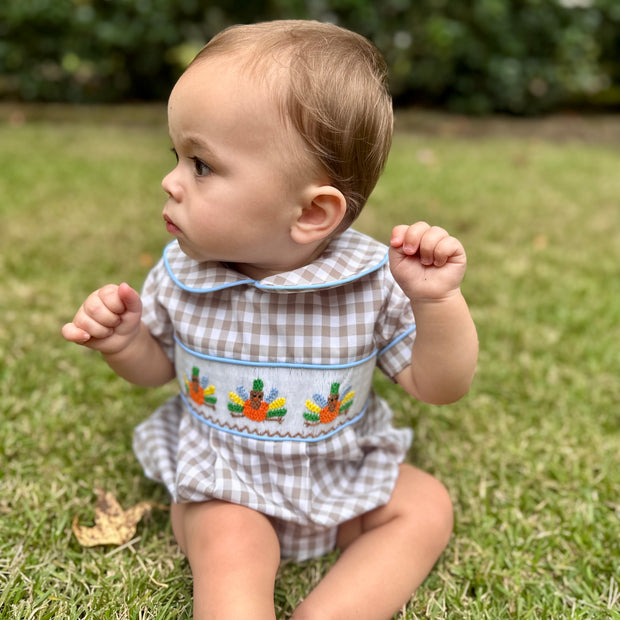 Turkey Smocked Boy's Bubble in Tan Gingham