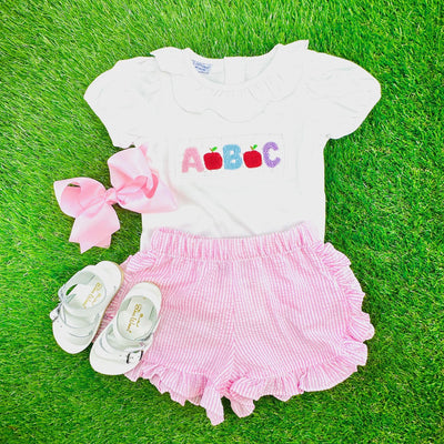 ABC Smocked School Shirt in cotton knit with white collar - (shorts sold separately) Girls, Frist Day of School, Soft cotton 516 *G