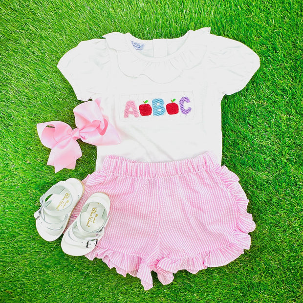 ABC Smocked School Shirt in cotton knit with white collar - (shorts sold separately) Girls, Frist Day of School, Soft cotton 516 *G