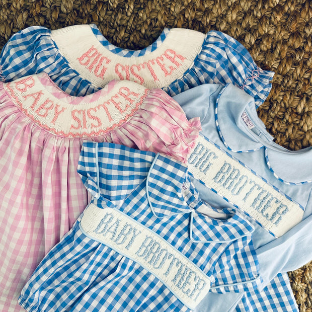 Smocked Big Sister Blue Gingham Dress. Blue Bishop Dress, Baby Girl, Heirloom Dress