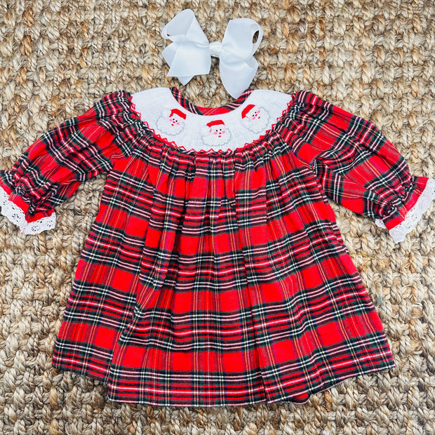Santa Smocked Christmas Dress in Plaid - Long Sleeve Pleats and Stitches Santa Smocked Christmas Dress in Plaid - Long Sleeve Pleats and Stitches