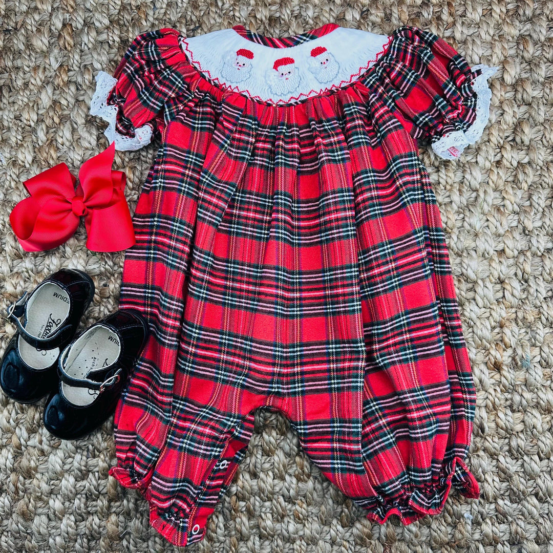 Santa Smocked Christmas Bubble in Tartan Plaid – Pleats and Stitches