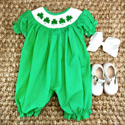 Smocked Shamrock Long Bubble in Emerald Green with White Polka Dots - St. Patrick's Day, Saint Patrick, Clover, Baby Girl, Baby Gift, 693