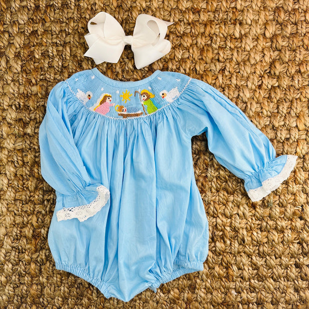 Christmas Nativity Smocked Bubble Romper in Light Blue Christmas Nativity Smocked Bubble Romper in Light Blue
