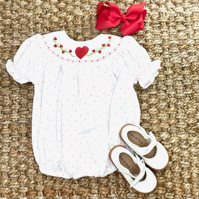 Valentine Smocked Lille Romper - Bow and Hearts on Polkadot