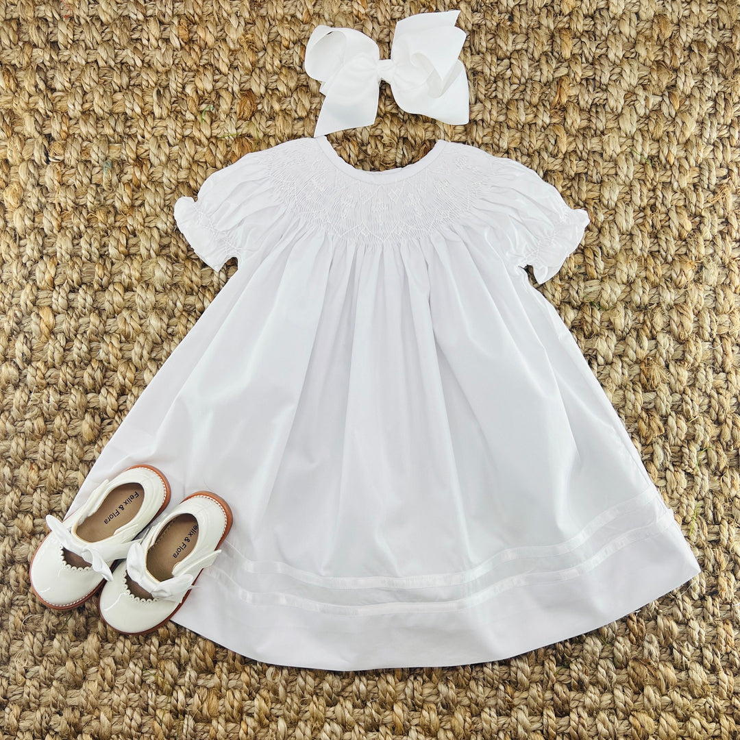 smocked baptism dress Cross in White with White Crosses Christopher Esber Triquetra Contoured Celebrate your baby girls Dept_Workwear-Flame-Resistant Print:C68